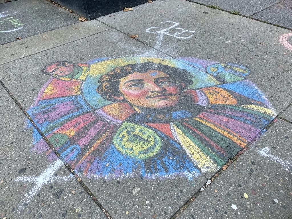 A chalk version of a famous painting on pavement, the sidewalk texture altering 
