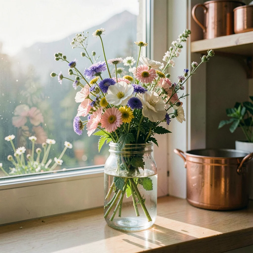 Fresh Alpine atmosphere, gentle pastoral quality, Wildflower bouquet in glass ja