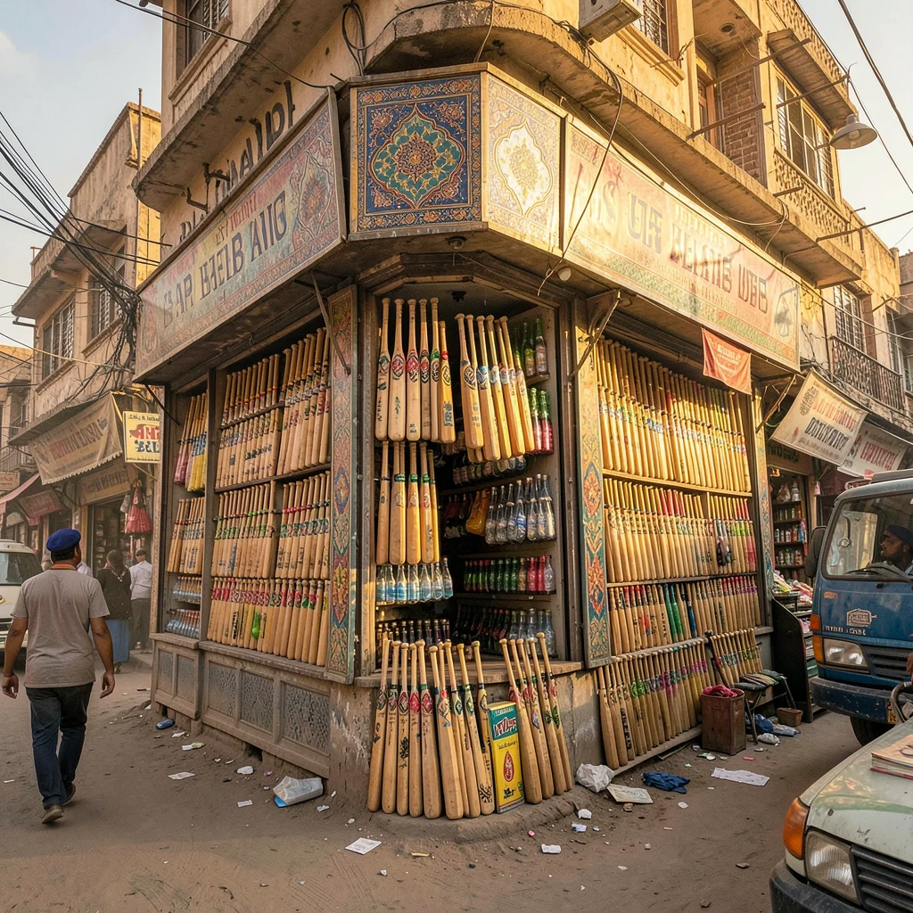 Elaborate decoration surviving dusty Lahore streets, Cricket gear shop in old La