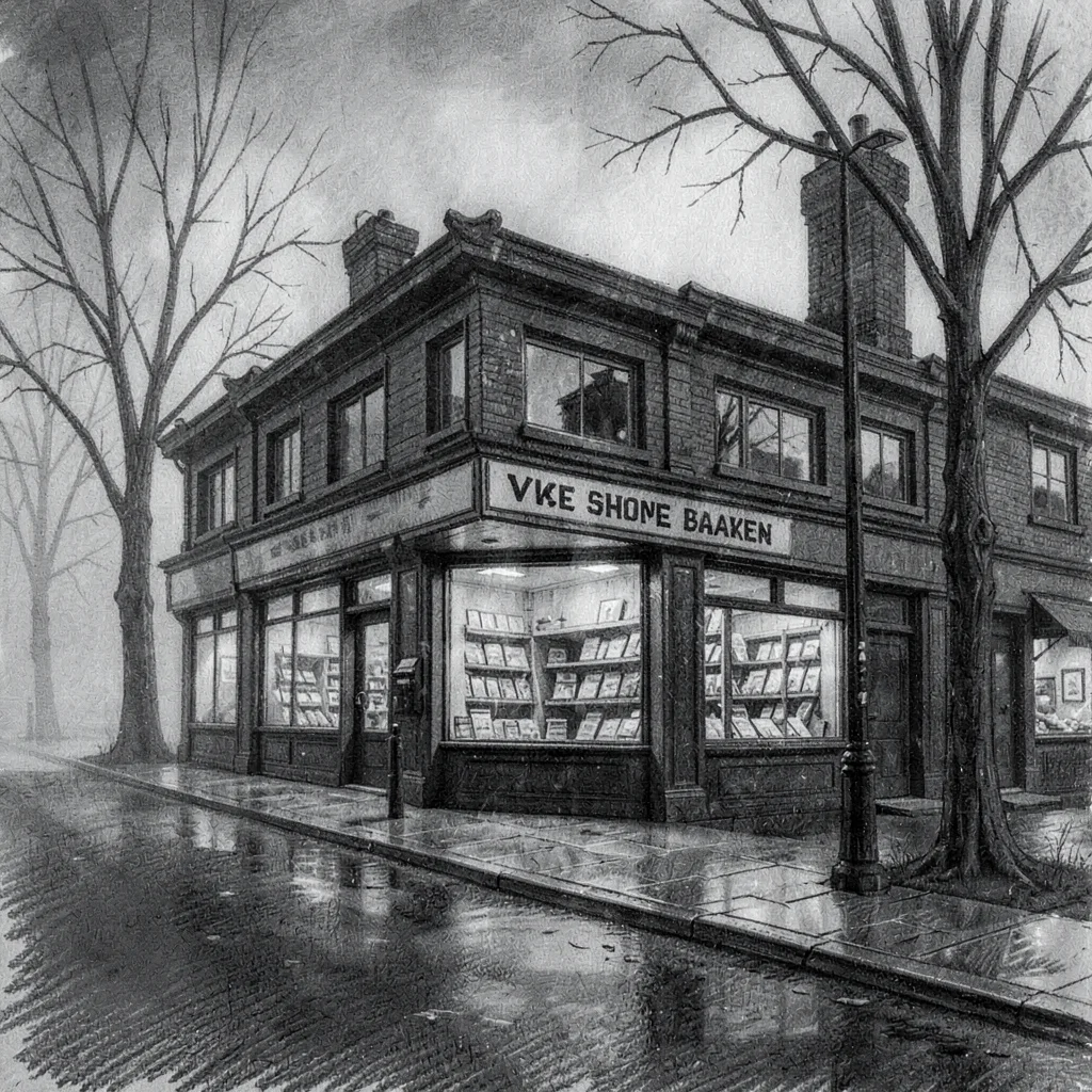 Editorial charcoal sketch of a VHS-shop facade across a misty street at dusk, de