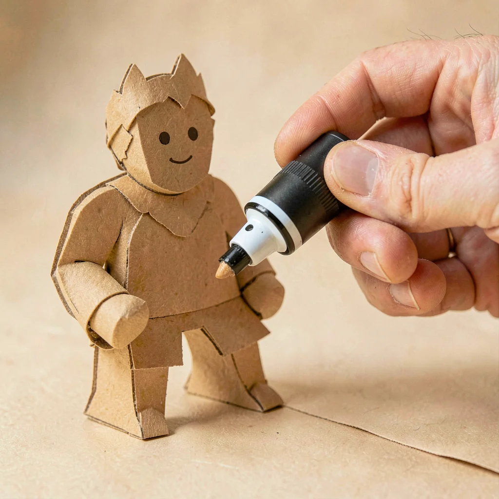 Papercraft hero of a layered paper-cut hand uncapping a paper-cut marker, warm h