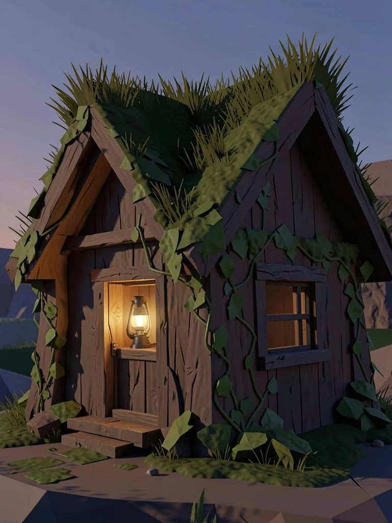 Slumping faceted wooden cabin with chunky grass on the roof and a single warm la