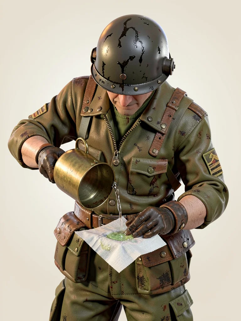 The medic pours water from a brass canteen onto a square of gauze, head bowed be
