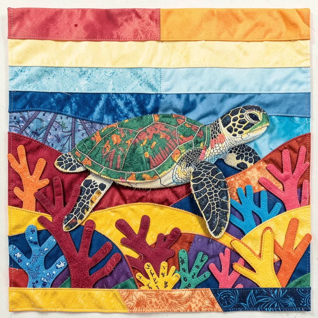 Panamanian mola textile illustration, a sea turtle swimming through coral layers