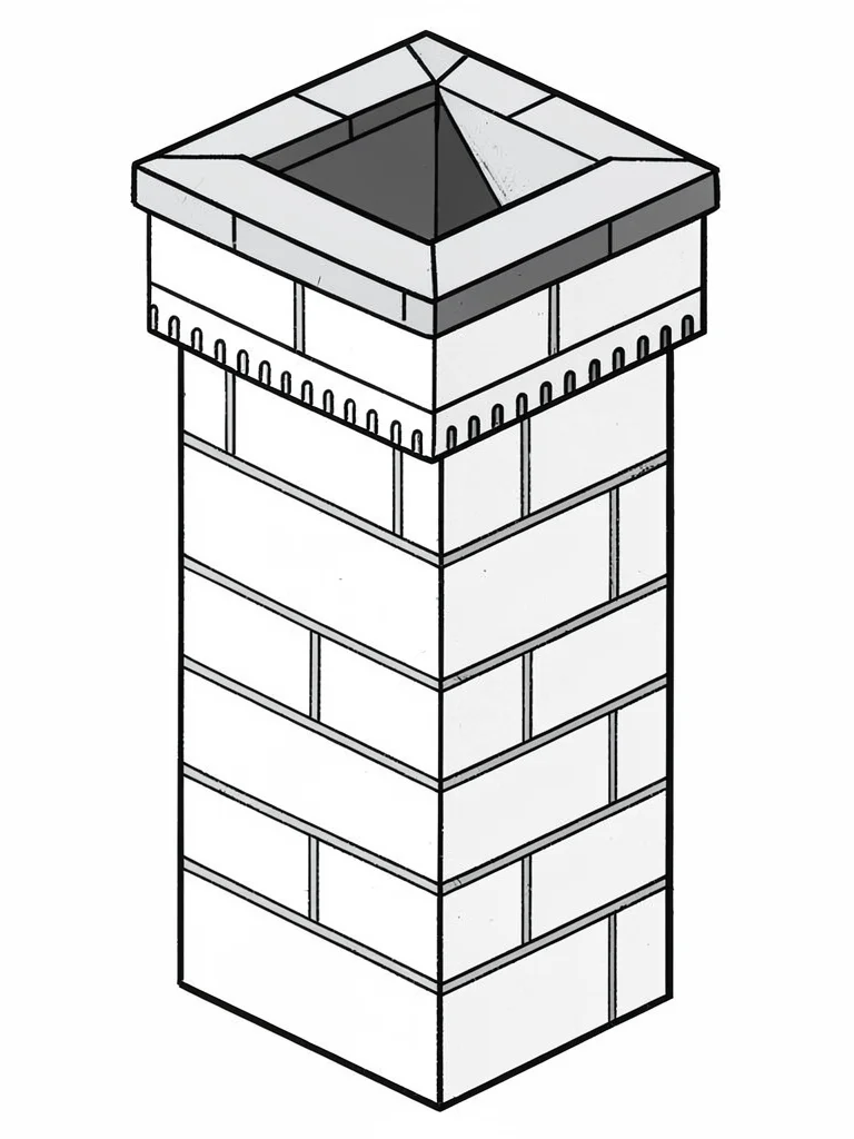 Drafted single brick chimney pot in three-quarter view, lip ringed by a band of 
