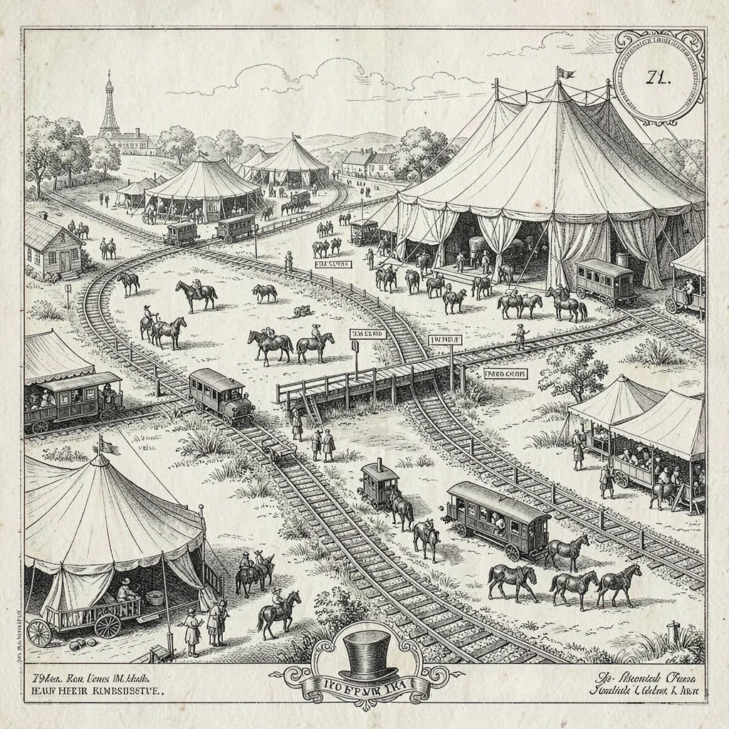 A 19th-century circus-tour railway route with town stops, big-top set-up grounds