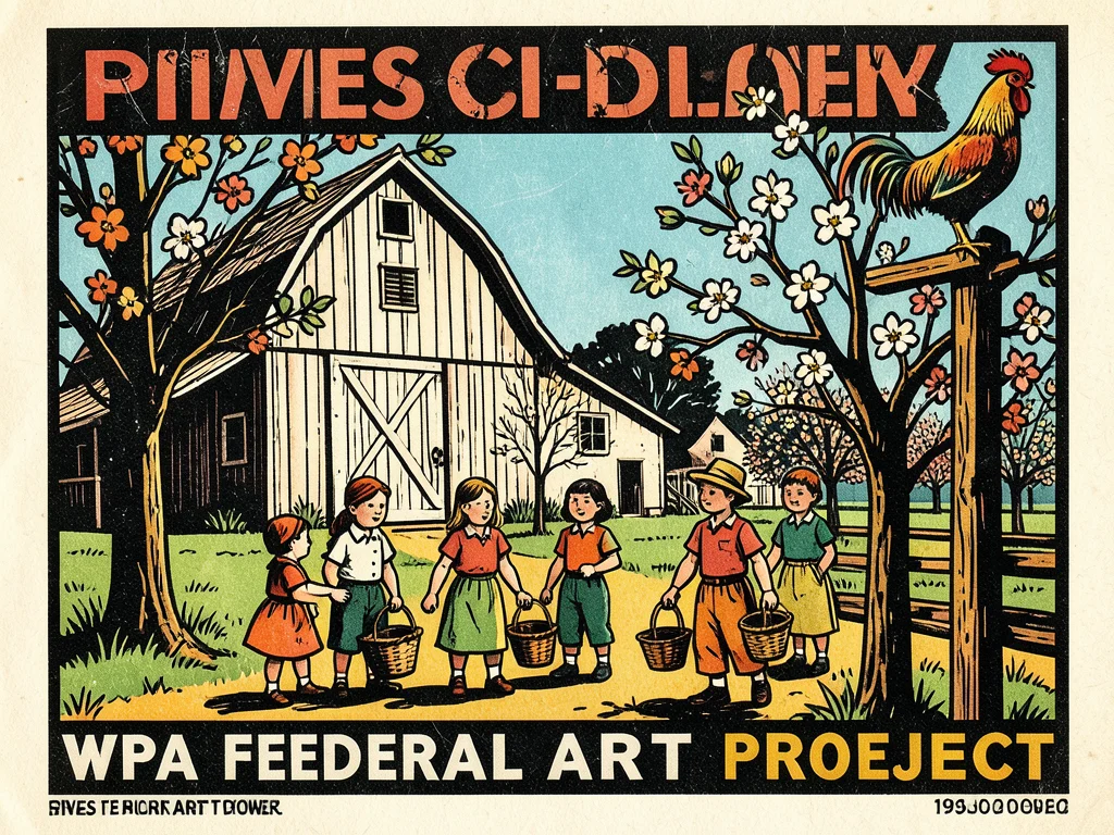 A bold linocut of a spring farm scene — a barn, flowering orchard, children with