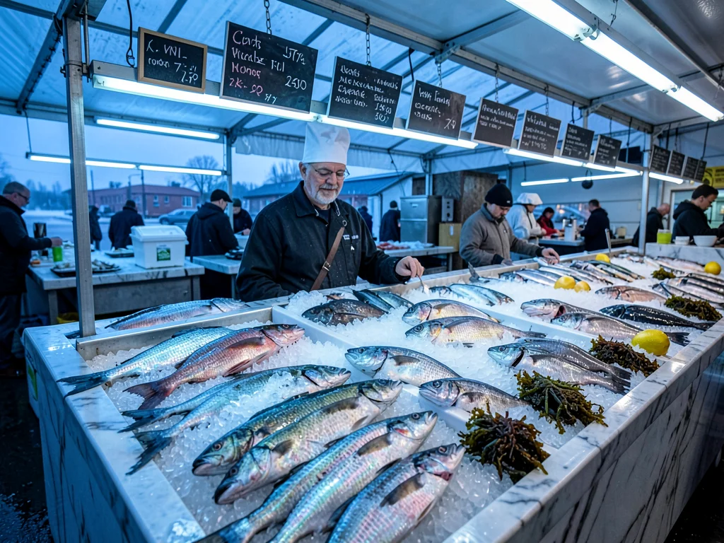 Full Fish Market Counter at Dawn