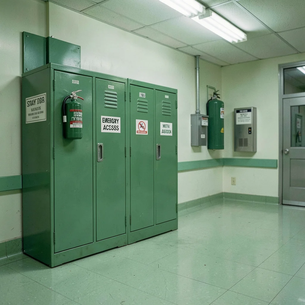 Green fire extinguisher cabinet, safety infrastructure, emergency access