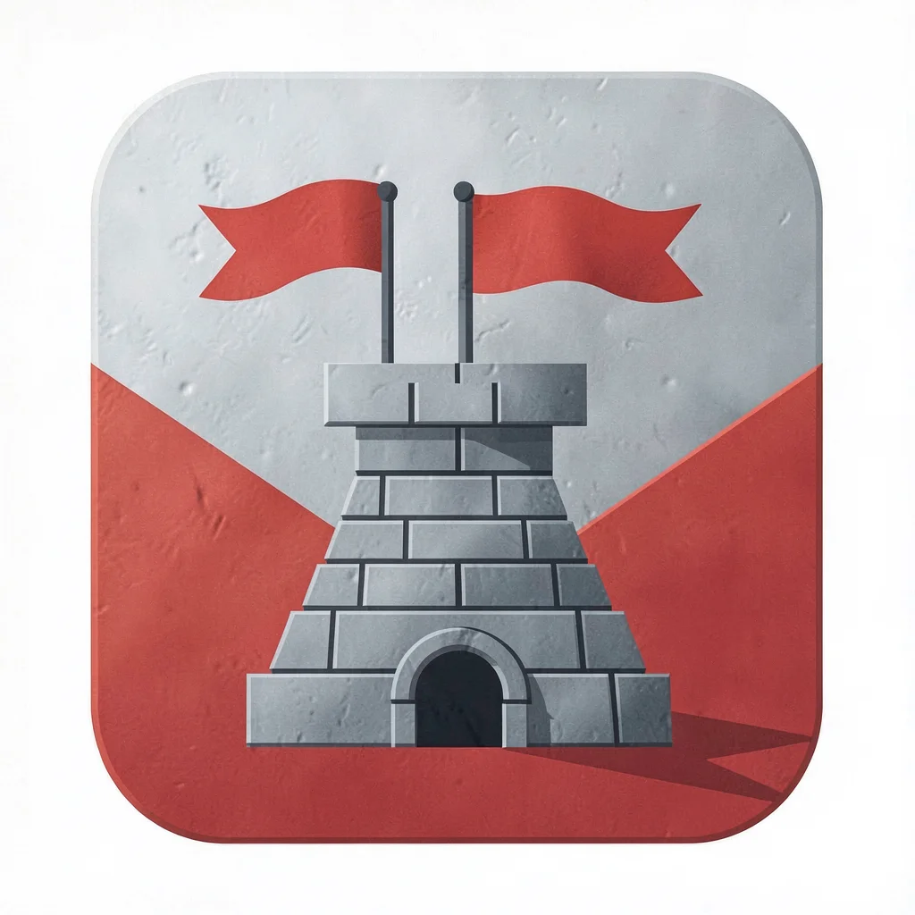 Flat geometric app icon of a stacked stone keep with banners flying, bold red an