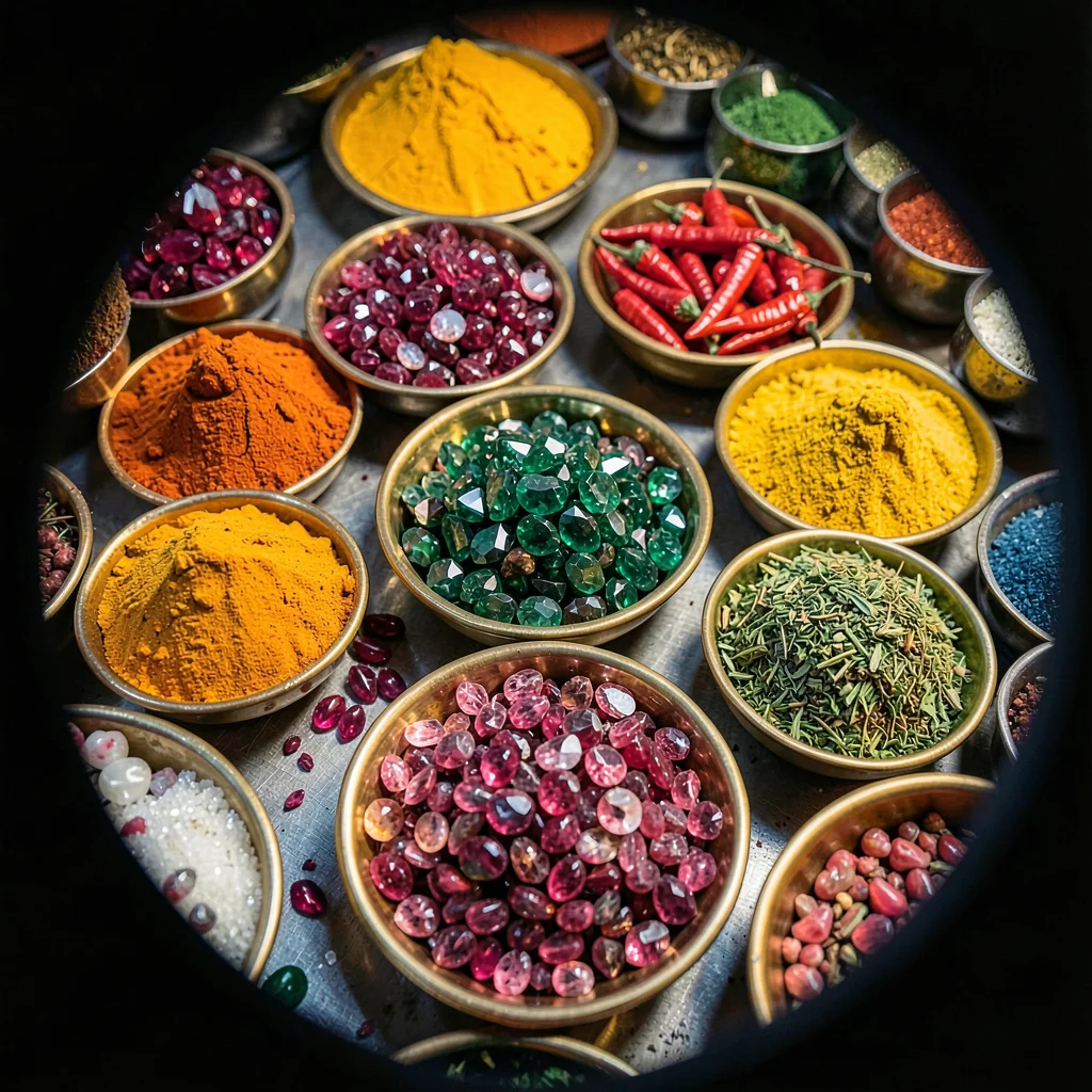 Through the Jaipur gem cutter's eye, faceted light, Spice market stall from abov