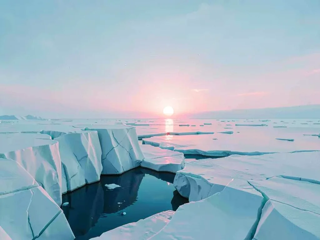 Pale arctic sun low at the horizon stretches a soft pink-cyan glow across a quie
