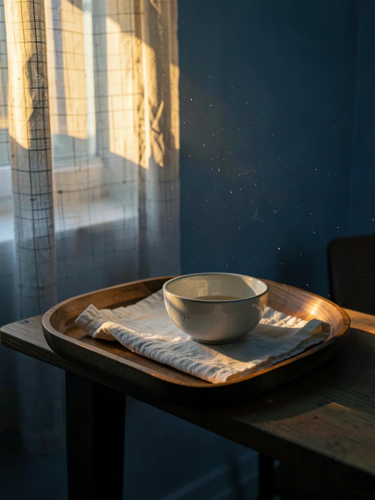 Breakfast tray in morning amber light