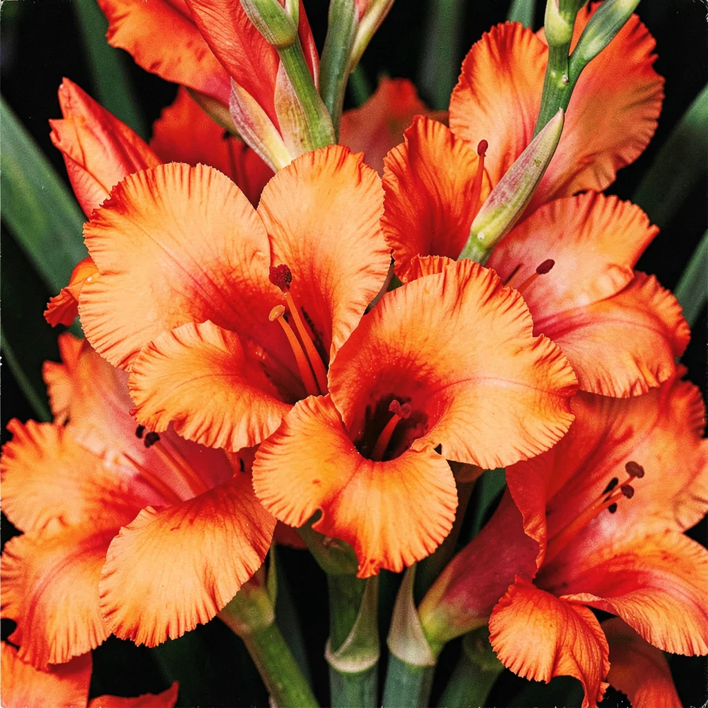 Close-up of coral gladioli petals, colour so dense it seems to vibrate at petal 