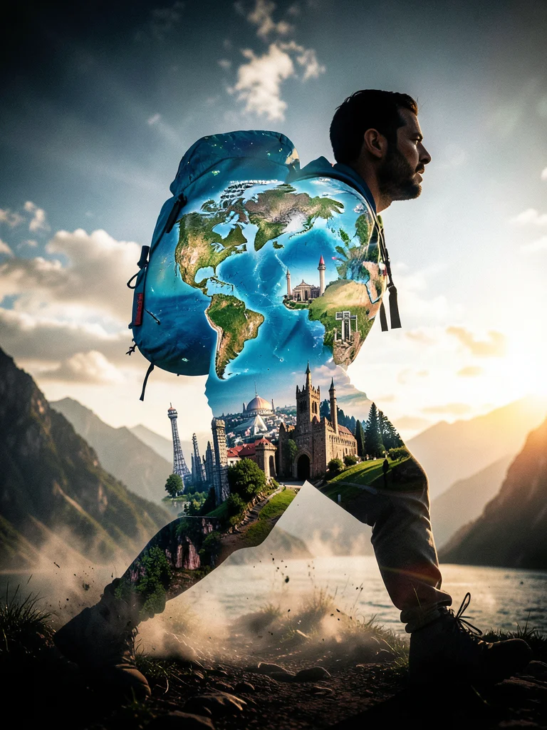 Backpacker silhouette filled with world map and landmark montage, double exposur