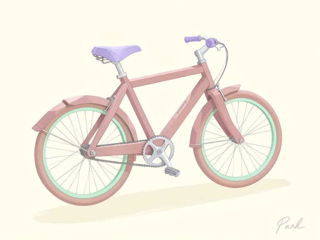 Parked dusty-pink lowpoly bicycle with mint wheels, lavender saddle, and chunky 
