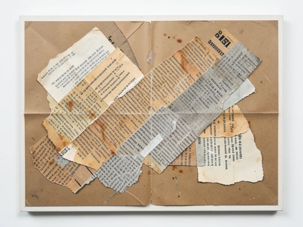 Torn newspaper strips layered diagonally across kraft paper, text fragments visi
