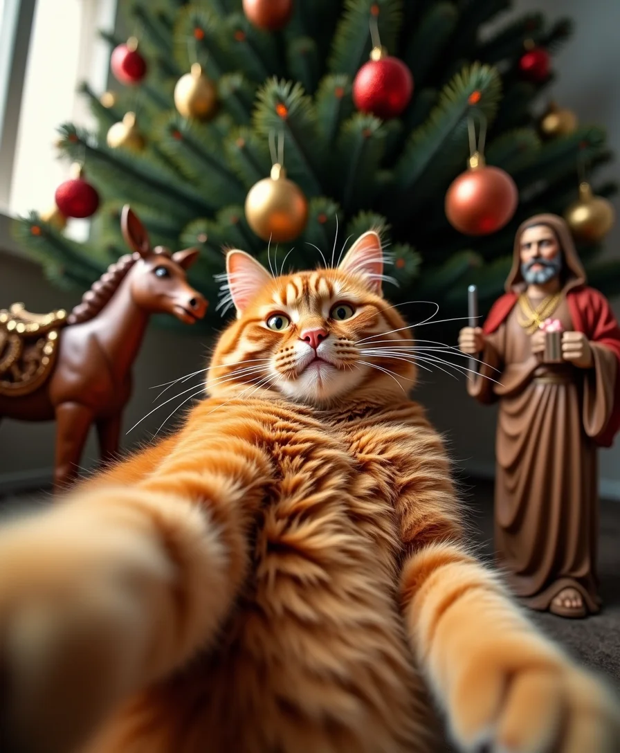 Selfie of a super fat orange cat sitting in nativi
