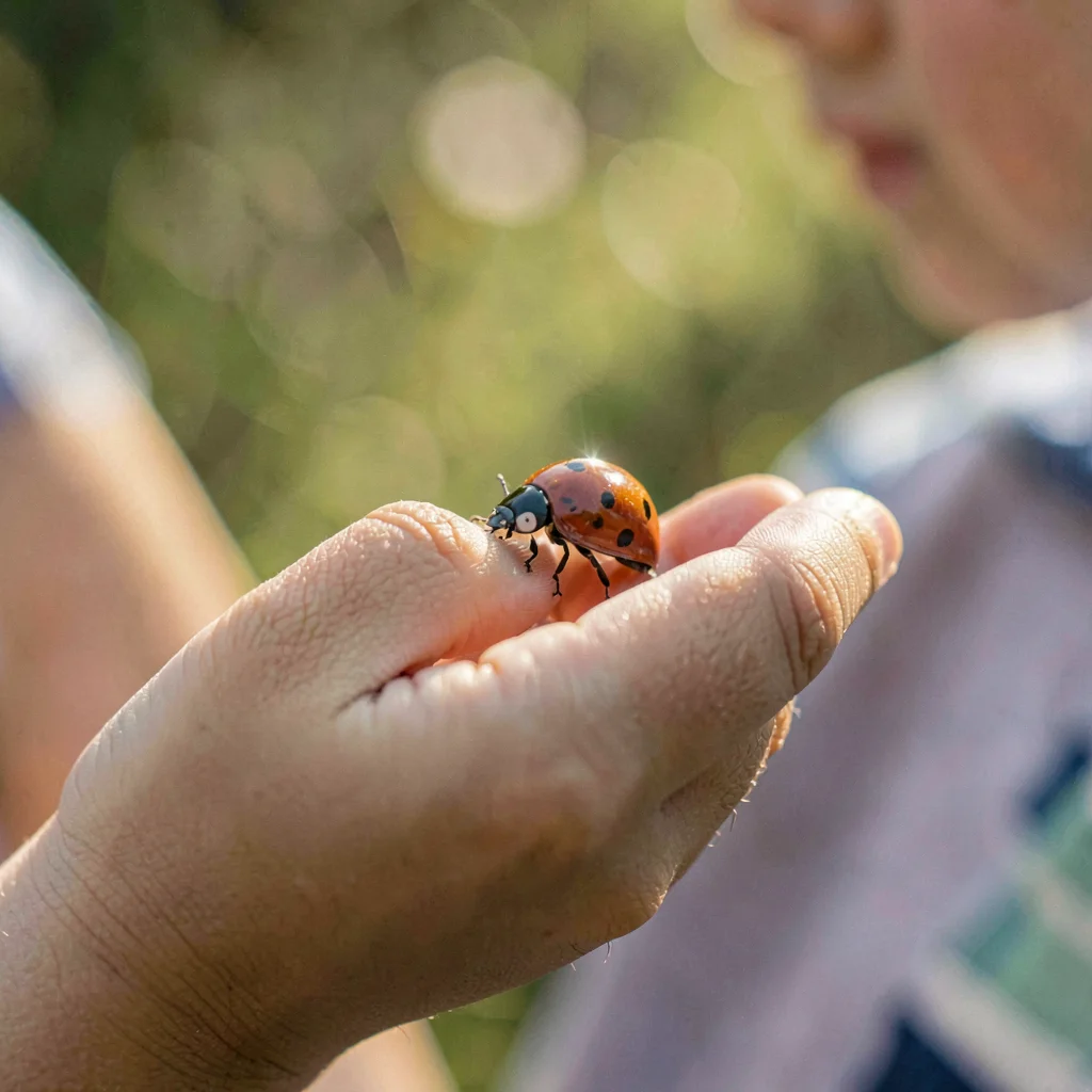 Side-light portrait of a child's hand cupping a ladybug, gentle focus