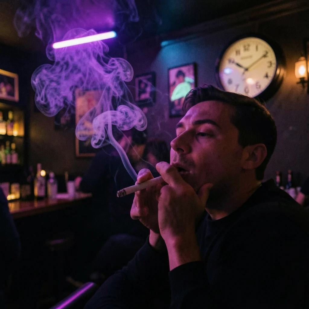 Cigarette smoke curling in neon light, dim bar interior, clock on wall showing 2