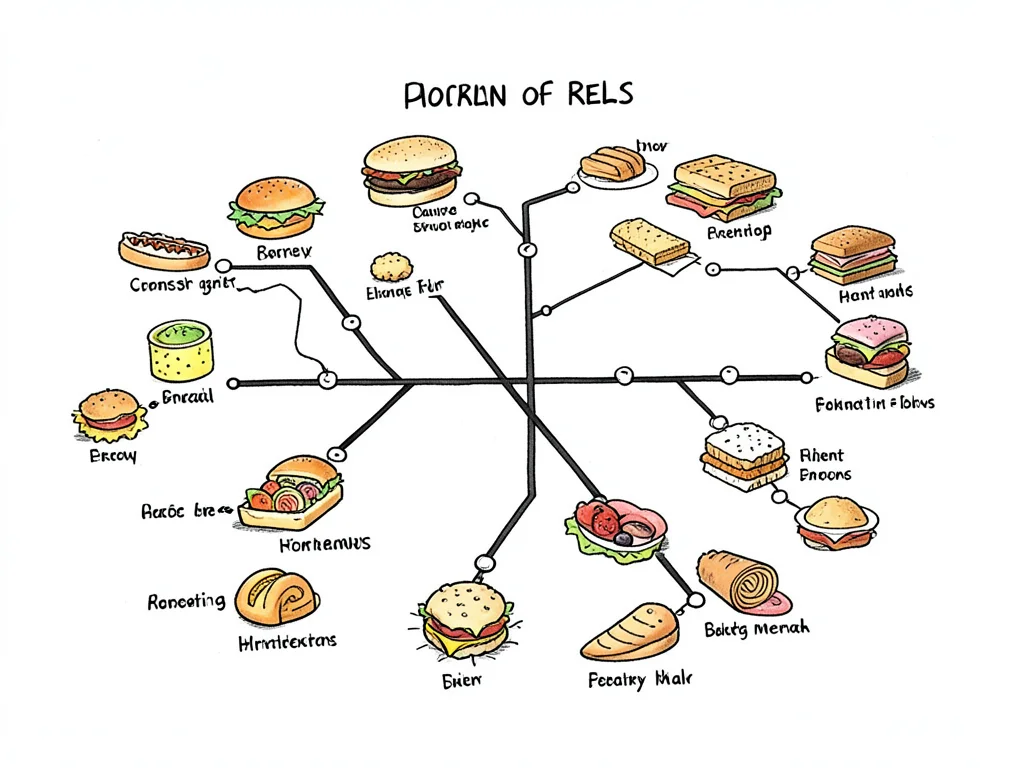 A hand-drawn subway map where each station is a different snack or meal