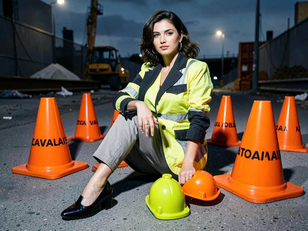 Traffic cones arranged like fashion accessories, orange geometry on grey asphalt