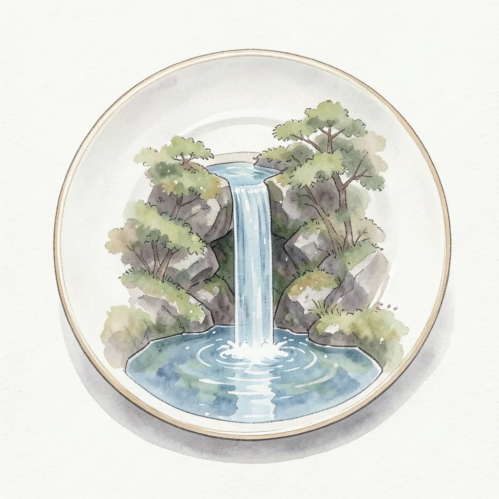 Small waterfall flowing off edge of dinner plate into miniature lake below