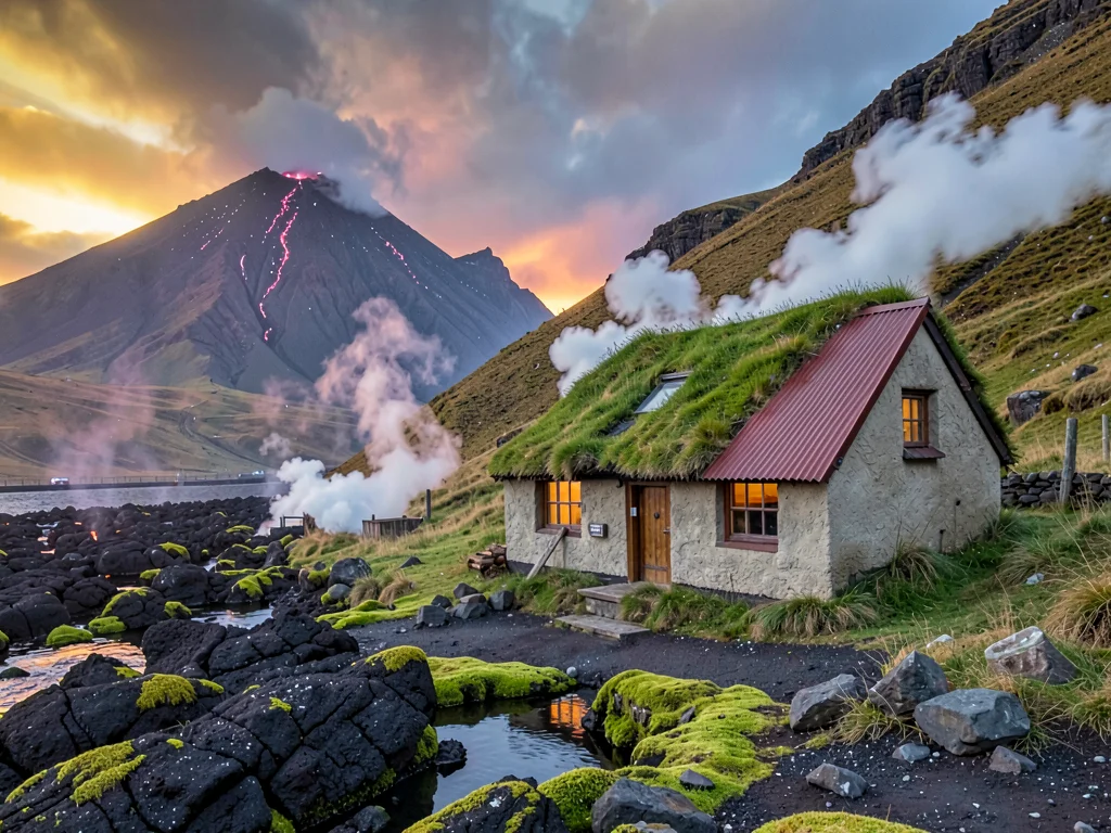 Volcanic otherworldly light in Iceland, a traditional Icelandic turf house with 