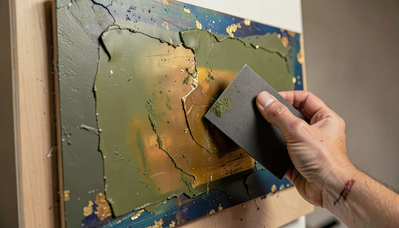 Layered mixed-media painting on wooden panel, Mediterranean studio light, earth 