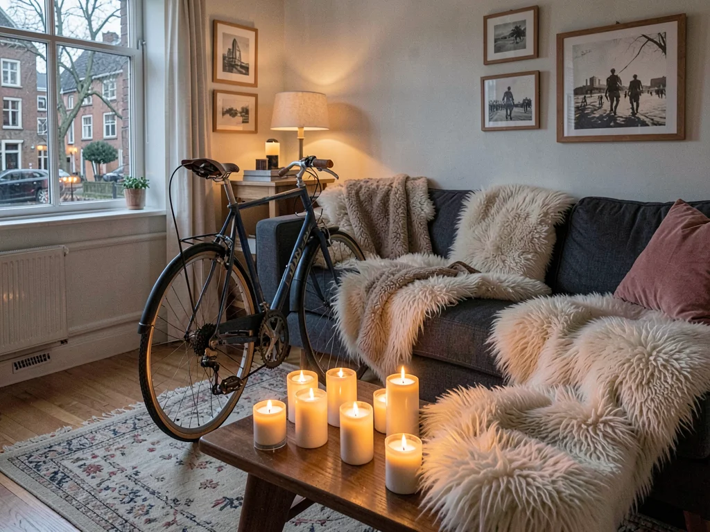 Bicycle rhythm through Copenhagen, a cozy Danish living room with clustered cand