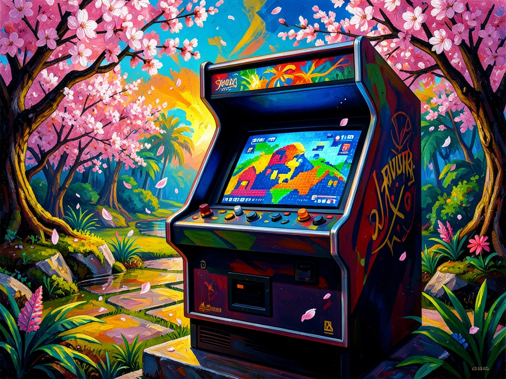 80s arcade cabinet in zen garden, cherry blossoms falling on pixel art screen