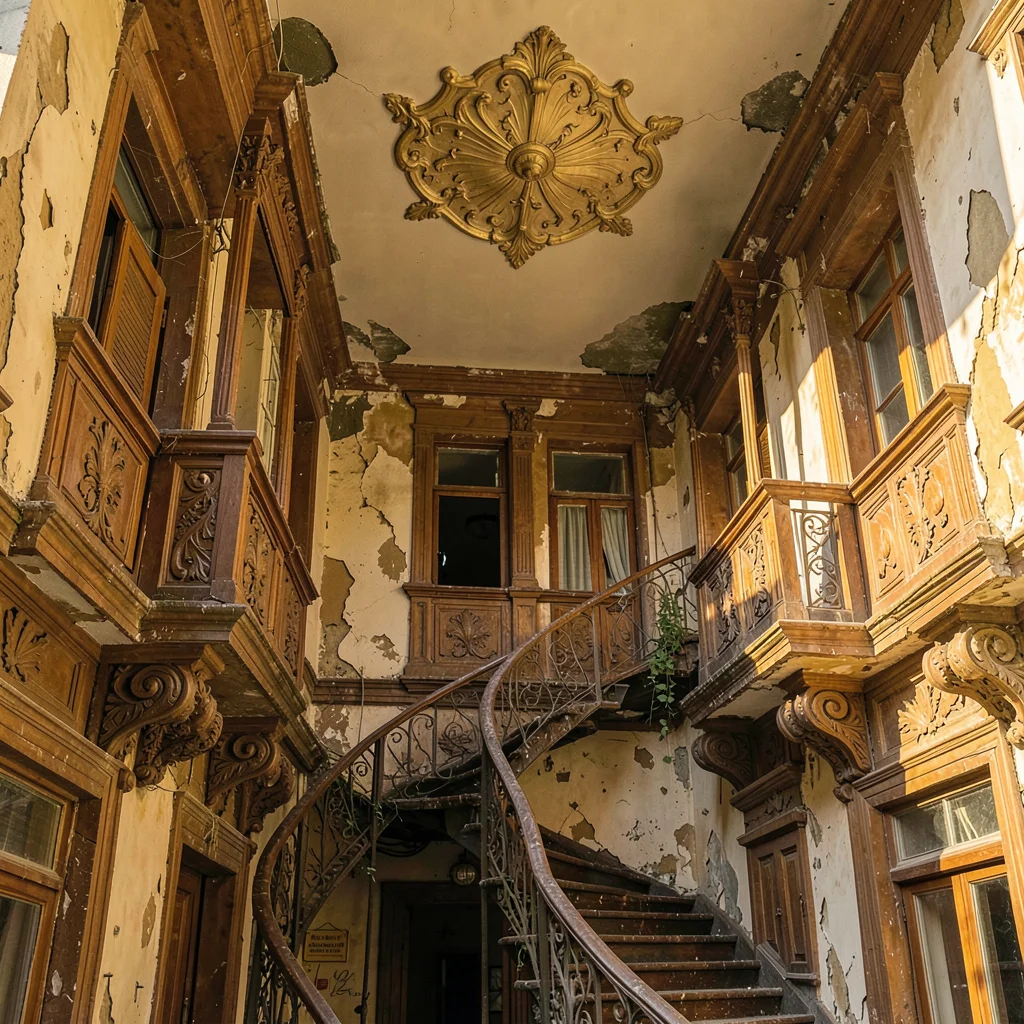 Crumbling Art Nouveau balconies in golden Tbilisi light, spiral staircase in aba