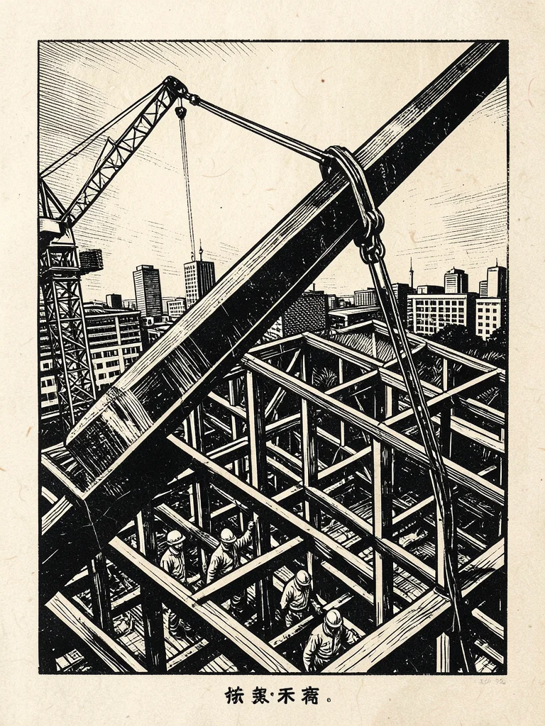 A construction crane lifting a steel beam into place on a building skeleton, wor