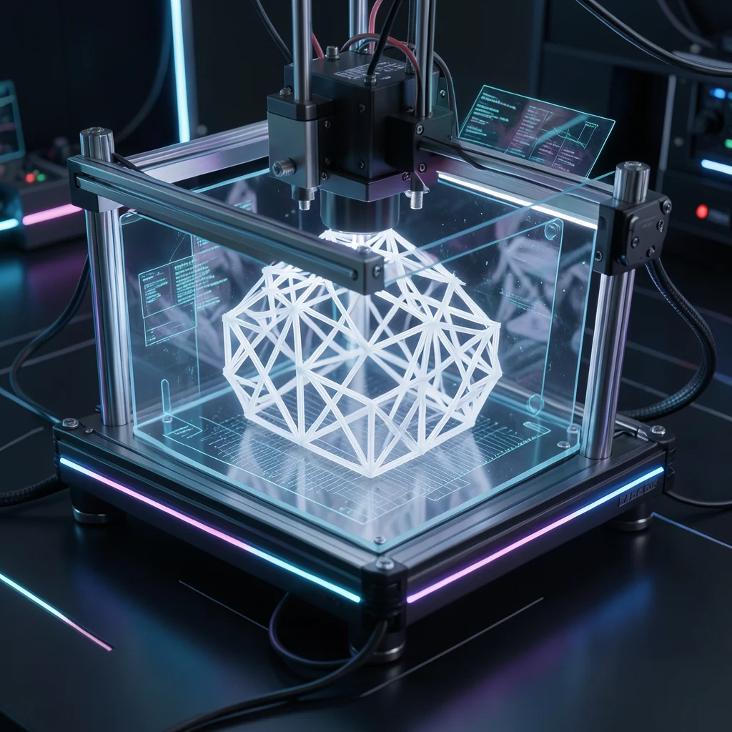 3D printer mid-print creating a geometric lattice structure in translucent filam