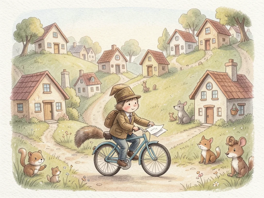A badger postman delivering letters on a bicycle through a village of animal hou