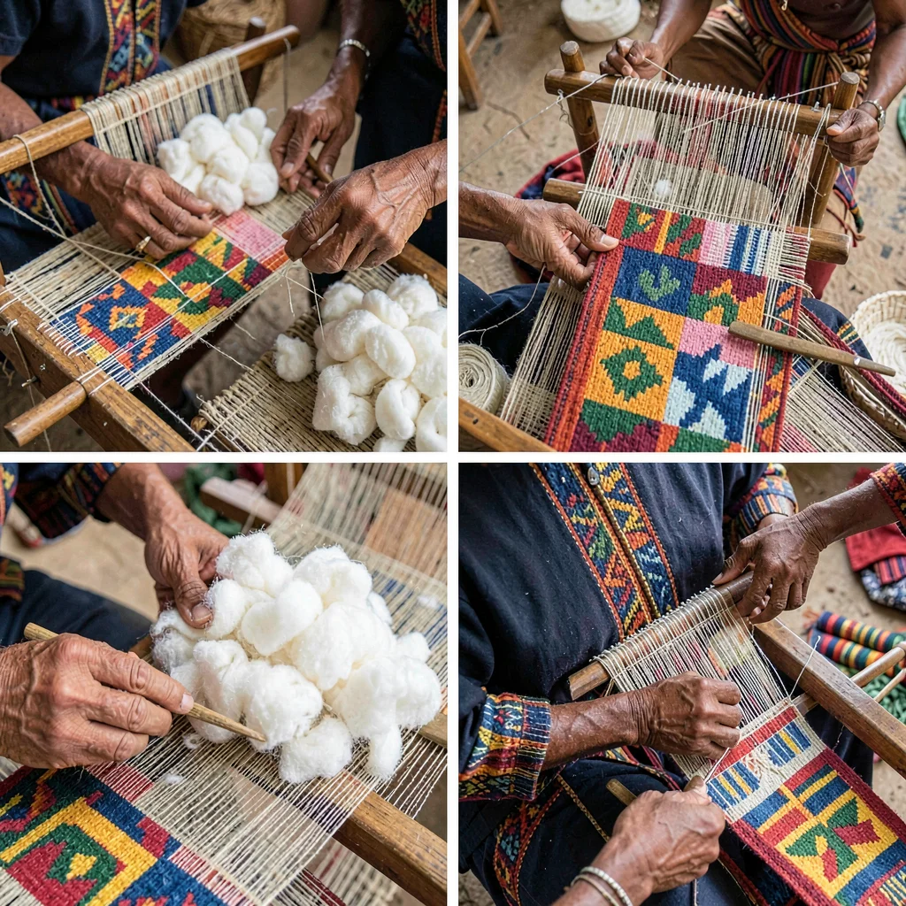 Kumasi kente weaving process, strip loom geometry, Pile of raw cotton being prep