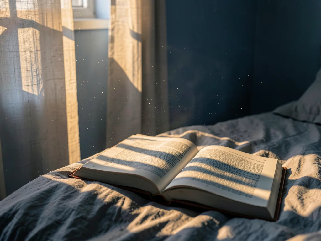 Open book in morning light on duvet