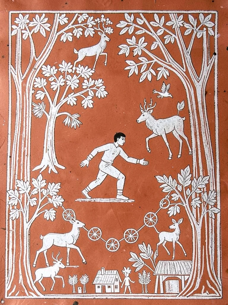 Hunter moving through forest — deer, birds, and trees surrounding central figure