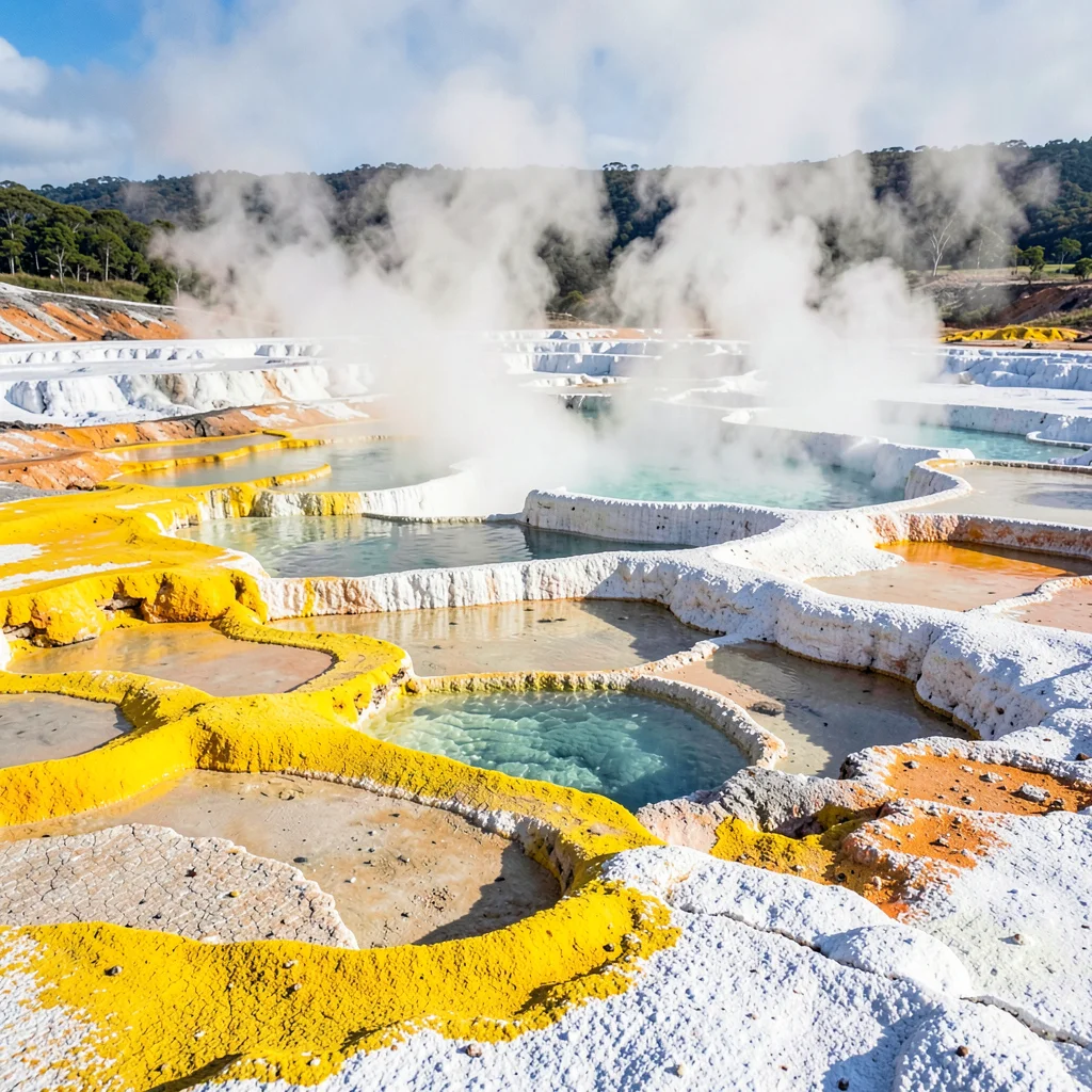 Rotorua geothermal landscape, active earth palette, Silica terraces with mineral