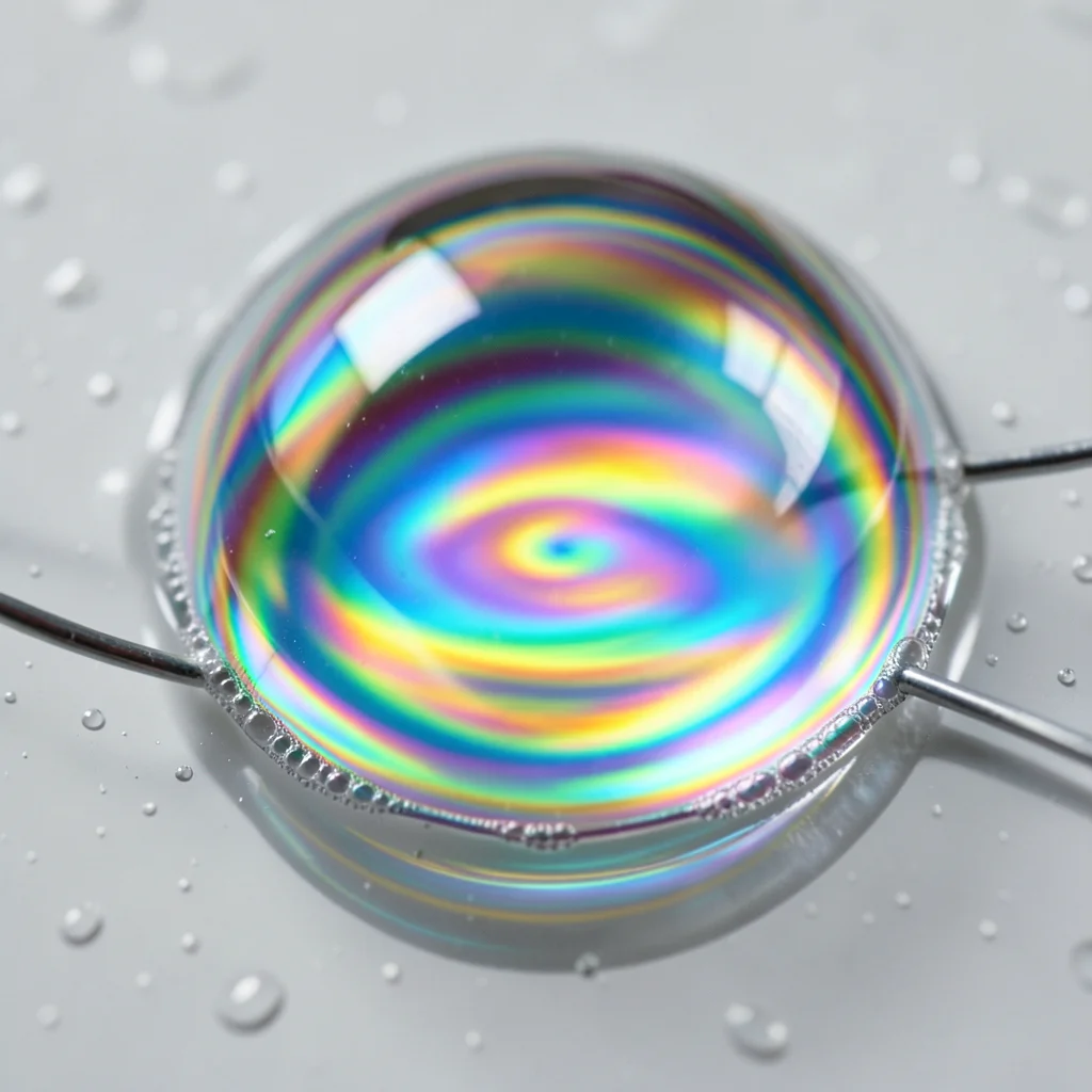 Single soap bubble on a wet surface, hemisphere shape with reflection below crea
