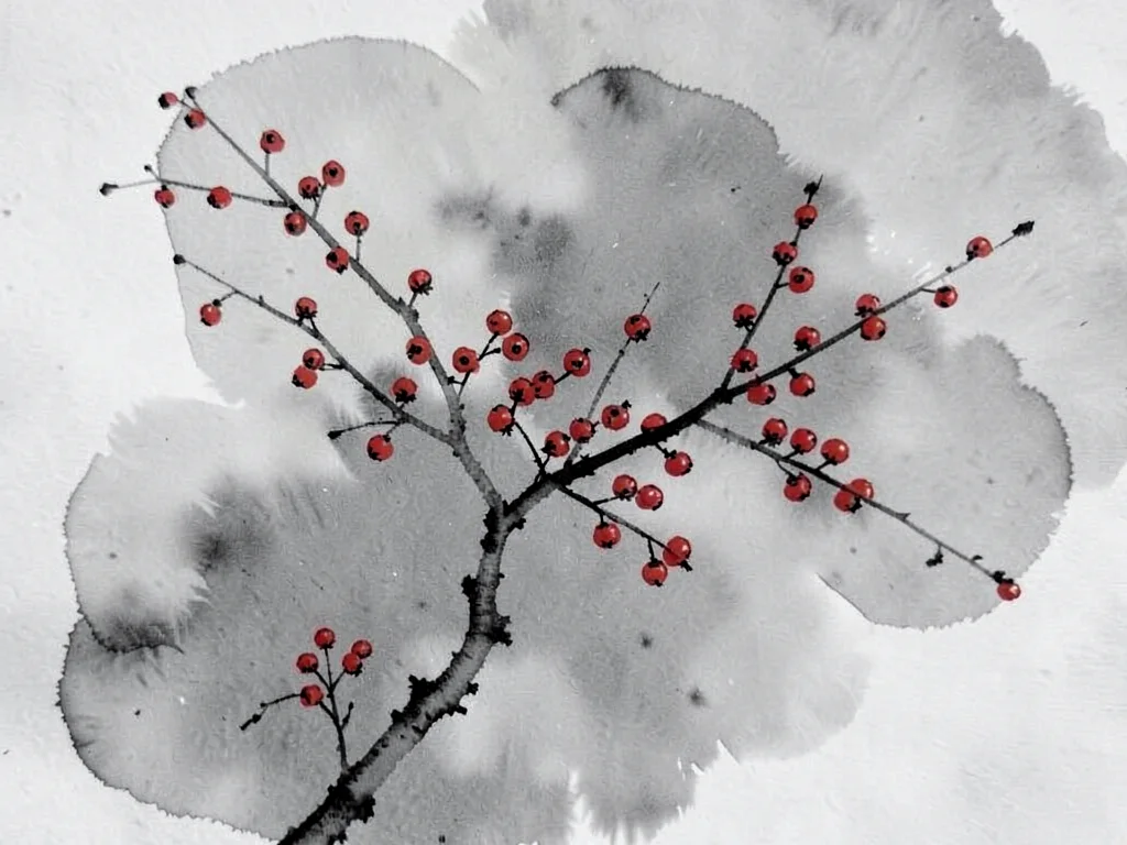 Mountain ash berries as red dots on gray