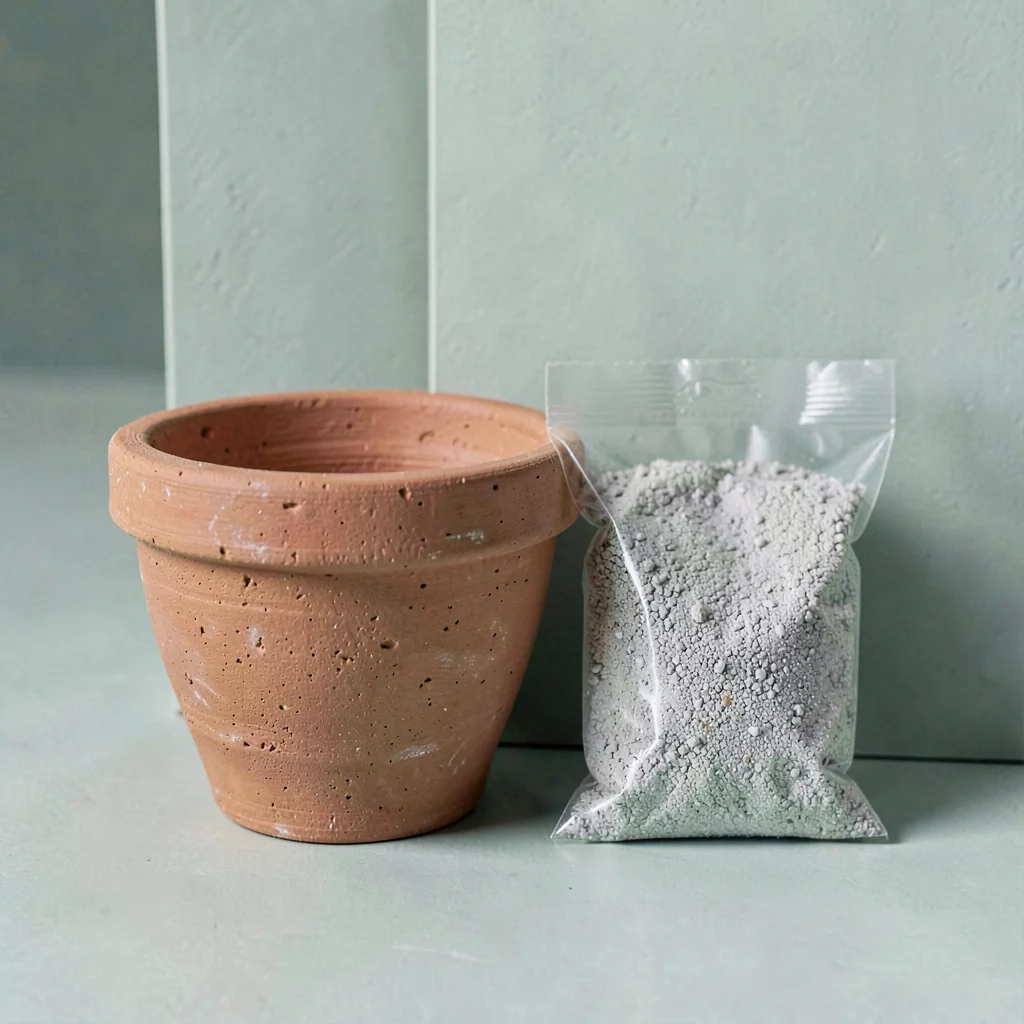 Catalog square ad of a single textured terracotta pot beside a small bag of pumi