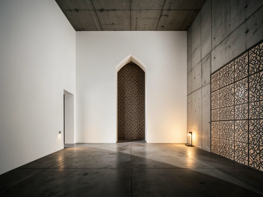 Contemporary mosque interior with minimalist geometry, white walls, single mihra