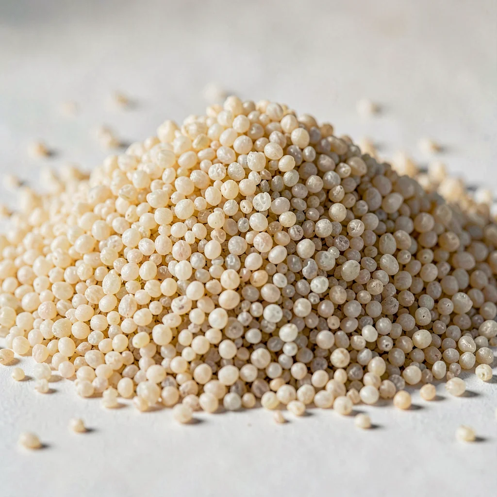 Studio macro of a heap of semolina, individual coarse grains crisp like quartz s