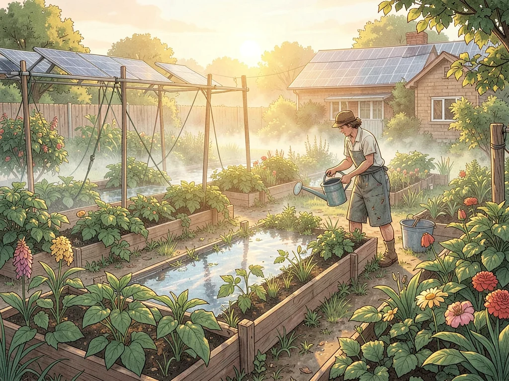 Morning in a community allotment — mist on the beds, one early gardener with a w