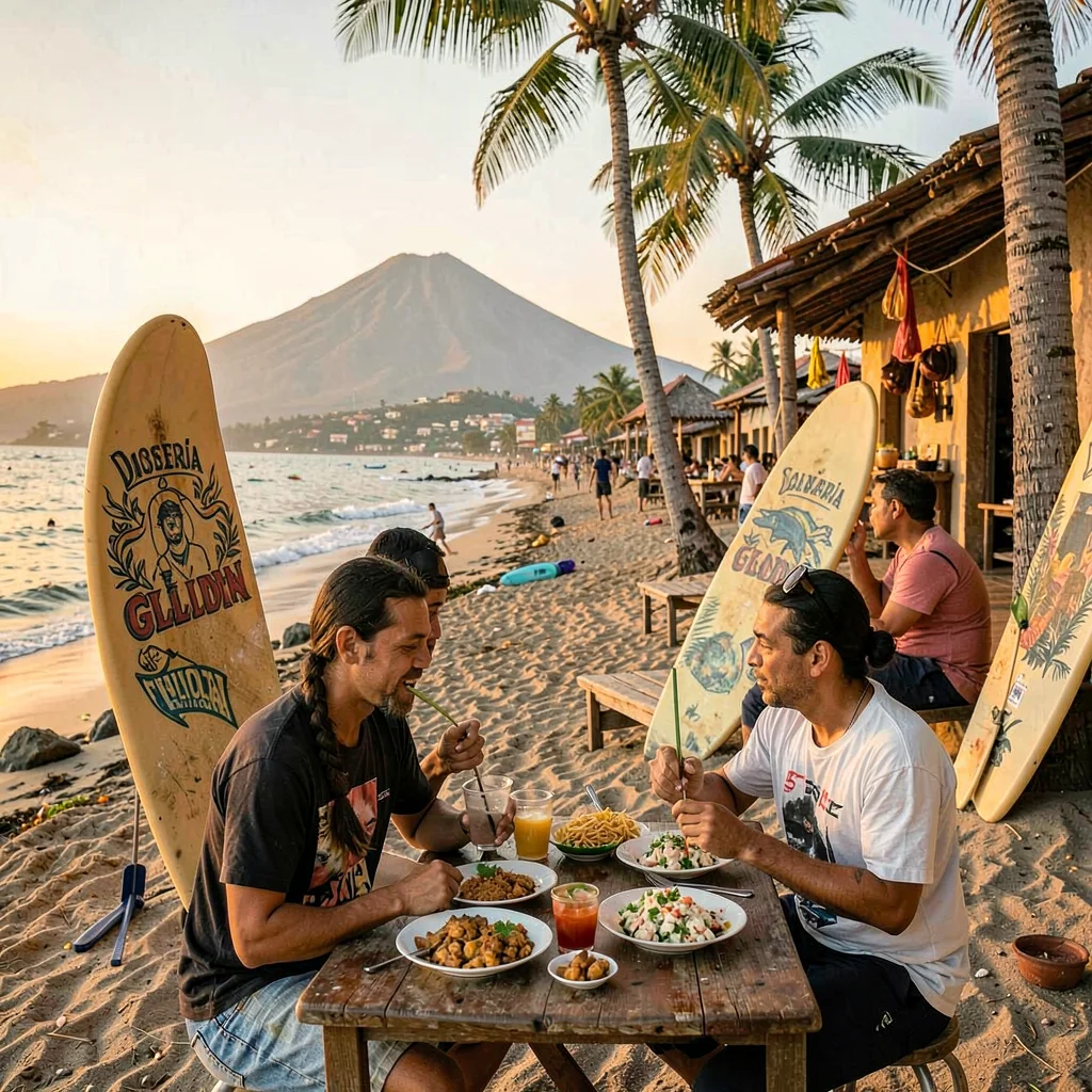 Pupusería golden hour in El Salvador, Surfers eating fresh ceviche at a beachsid