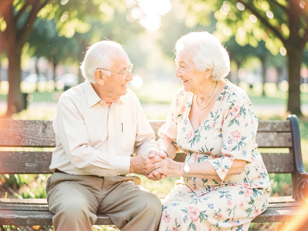 Elderly couple holding hands on a park bench