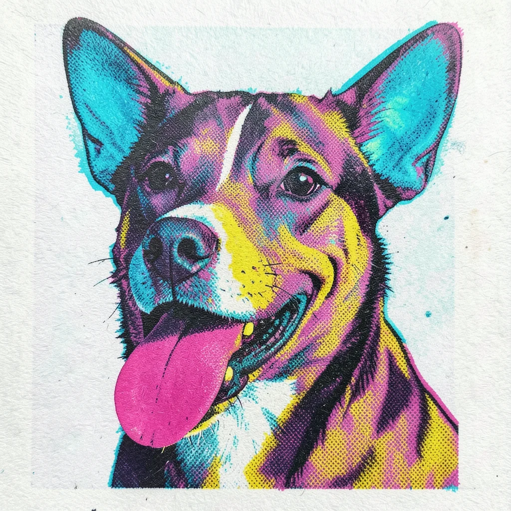 Pop art screenprint of a dog in misregistered process color, magenta tongue esca