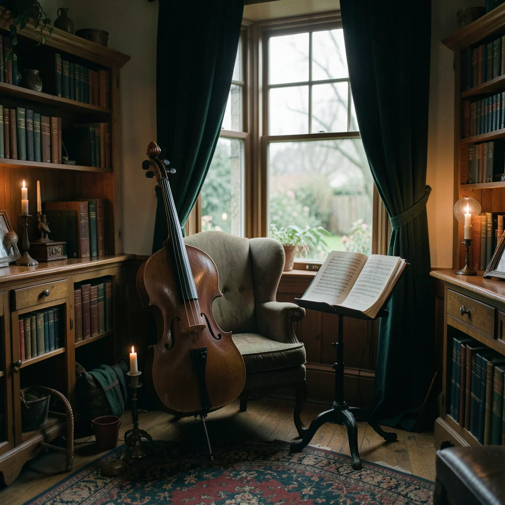 A music room with a cello leaning against a wing chair, sheet music scattered on