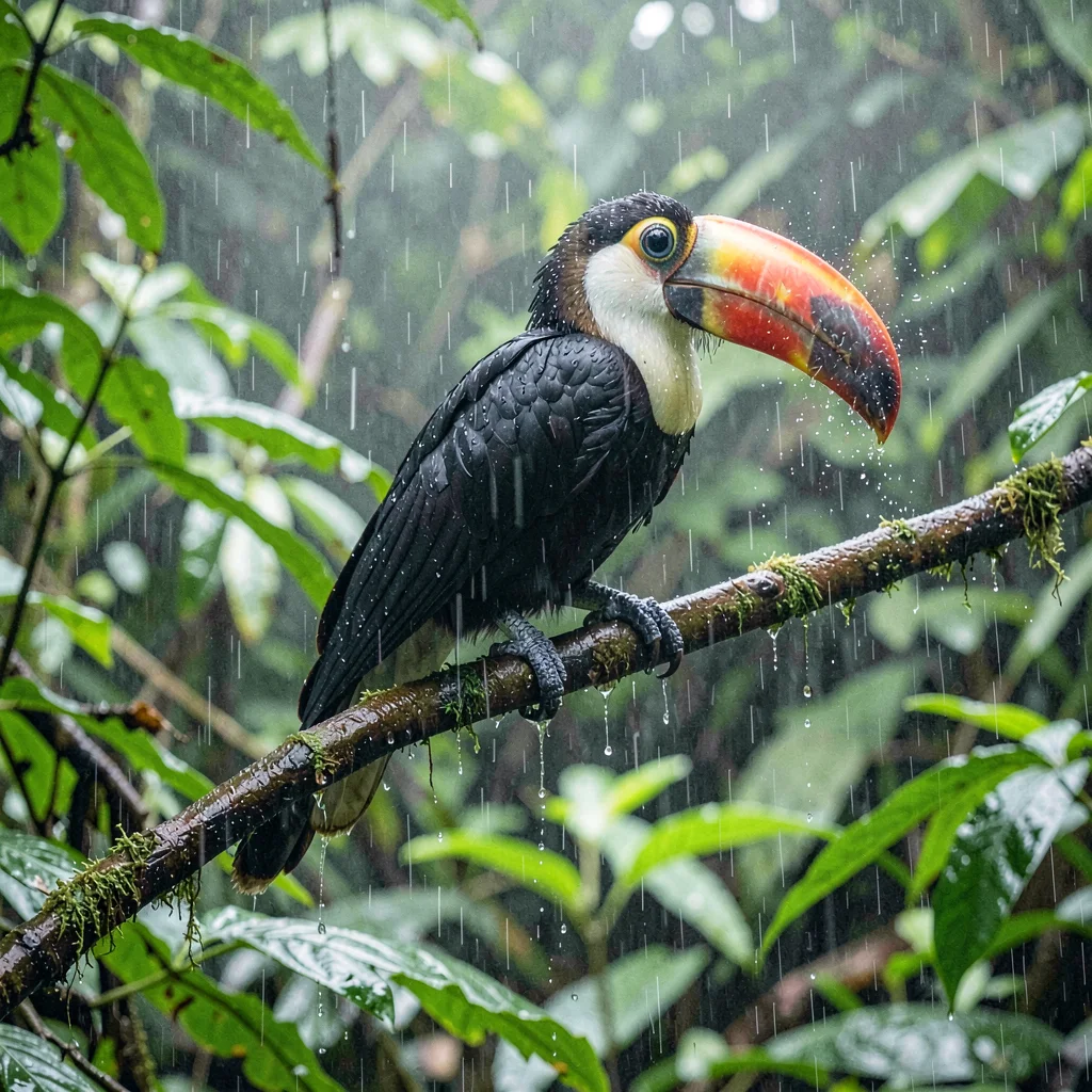 Tropical rainforest photograph, humid jungle atmosphere, A toucan on a branch in